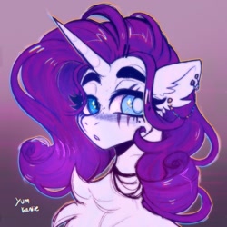 Size: 1722x1724 | Tagged: safe, artist:yumkandie, imported from derpibooru, rarity, pony, unicorn, lil-miss rarity, bust, ear piercing, eye scar, facial scar, open mouth, piercing, portrait, scar