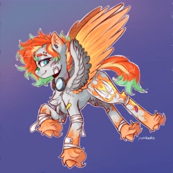 Size: 3313x3313 | Tagged: safe, artist:yumkandie, imported from derpibooru, oc, oc only, pegasus, pony, bandaid, chest fluff, ear piercing, flying, goggles, piercing, pubic fluff