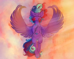 Size: 2048x1628 | Tagged: safe, artist:yumkandie, imported from derpibooru, oc, oc only, pegasus, eyes closed, flowing mane, flowing tail, flying, smiling, tail
