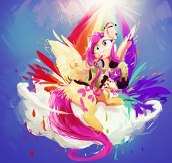 Size: 2347x2235 | Tagged: safe, artist:fishy, imported from derpibooru, fluttershy, antonymph, cloud, ear piercing, headphones, on a cloud, piercing, rainbow dash's cutie mark, sitting, sitting on a cloud, vylet pony