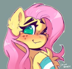 Size: 1594x1522 | Tagged: safe, artist:yumkandie, imported from derpibooru, fluttershy, pony, clothes, fangs, freckles, heart, heart eyes, looking at you, one eye closed, smiling, socks, wingding eyes