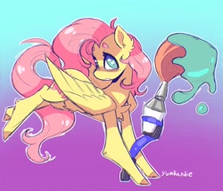 Size: 2048x1764 | Tagged: safe, artist:yumkandie, imported from derpibooru, fluttershy, brush, pain, running, wide eyes
