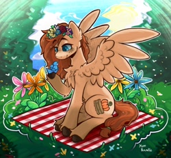 Size: 2960x2732 | Tagged: safe, artist:yumkandie, imported from derpibooru, oc, oc only, bird, pony, chest fluff, commission, ear fluff, female, flower, forest, grass, picnic blanket, signature, solo, unshorn fetlocks