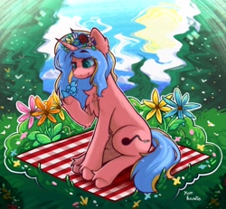 Size: 2960x2732 | Tagged: safe, artist:yumkandie, imported from derpibooru, oc, oc only, bird, pony, unicorn, chest fluff, commission, ear fluff, female, flower, forest, grass, picnic blanket, signature, solo, unshorn fetlocks