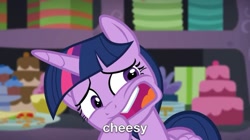 Size: 739x415 | Tagged: safe, imported from derpibooru, screencap, twilight sparkle, alicorn, pony, party pooped, cake, cropped, food, party cave, solo, they're just so cheesy, twilight sparkle (alicorn)