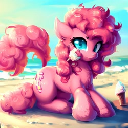 Size: 1024x1024 | Tagged: safe, imported from derpibooru, pinkie pie, pony, ai content, ai generated, female, food, ice cream, mare, ocean, sitting, water