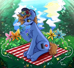 Size: 2960x2732 | Tagged: safe, artist:yumkandie, imported from derpibooru, oc, oc only, bird, pony, unicorn, chest fluff, commission, ear fluff, female, flower, forest, grass, picnic blanket, signature, solo, unshorn fetlocks