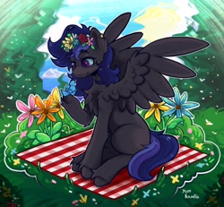 Size: 2960x2732 | Tagged: safe, artist:yumkandie, imported from derpibooru, oc, oc only, bird, pegasus, pony, chest fluff, commission, ear fluff, female, flower, forest, grass, picnic blanket, signature, solo, unshorn fetlocks