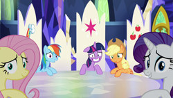 Size: 1280x720 | Tagged: safe, imported from derpibooru, screencap, applejack, fluttershy, rainbow dash, rarity, twilight sparkle, alicorn, earth pony, pegasus, unicorn, party pooped, cutie map, floppy ears, looking at you, twilight sparkle (alicorn), twilight's castle