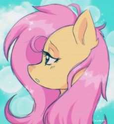 Size: 1888x2048 | Tagged: safe, artist:yumkandie, imported from derpibooru, fluttershy, pony, bust, female, lidded eyes, looking at something, looking away, mare, open mouth, portrait, profile, scan lines, solo, sparkles