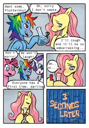 Size: 700x1000 | Tagged: safe, artist:camiliar, imported from derpibooru, fluttershy, pinkie pie, rainbow dash, rarity, earth pony, pegasus, pony, unicorn, bad influence, bong, comic, dialogue, drugs, marijuana, painfully innocent fluttershy