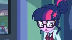 Size: 2160x1211 | Tagged: safe, imported from derpibooru, screencap, sci-twi, twilight sparkle, human, equestria girls, friendship games, classroom, clothes, crystal prep academy, crystal prep academy uniform, door, female, glasses, hair bun, hallway, necktie, sad, school, school uniform, schoolgirl, uniform