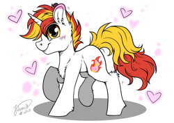 Size: 4093x2894 | Tagged: safe, artist:julunis14, imported from derpibooru, oc, oc only, pony, unicorn, blushing, chest fluff, coat markings, commission, digital, ear fluff, heart, hoof fluff, leg fluff, looking at you, pose, raised hoof, signature, solo