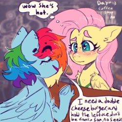 Size: 3500x3500 | Tagged: safe, artist:yumkandie, imported from derpibooru, fluttershy, rainbow dash, alternate universe, apron, clothes, coffee shop, dialogue, ear piercing, eyes closed, female, flutterdash, lesbian, piercing, shipping, table, thought bubble