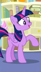 Size: 421x729 | Tagged: safe, imported from derpibooru, screencap, twilight sparkle, alicorn, a horse shoe-in, book, bookshelf, cropped, folded wings, smiling, smirk, solo, starlight's office, twilight sparkle (alicorn), wings