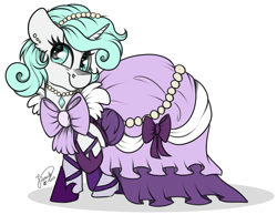 Size: 3604x2792 | Tagged: safe, artist:julunis14, imported from derpibooru, oc, oc only, pony, unicorn, clothes, commission, digital, dress, gala dress, pearl, pose, ribbon, shoes, simple background, solo, white background