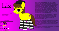 Size: 8192x4334 | Tagged: safe, artist:cardshark777, imported from derpibooru, oc, oc only, oc:liz (cardshark777), earth pony, pony, beanie, clothes, colored background, evil grin, female, female oc, gradient background, grin, hat, looking at you, mare, reference sheet, smiling, socks, solo, striped socks, text