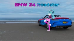 Size: 1080x607 | Tagged: safe, edit, editor:scitwisparkle42, imported from derpibooru, sonata dusk, human, equestria girls, beach, bmw, bmw z4, car, day, daytime, forza horizon, forza horizon 4, game screencap, irl, looking left, ocean, photo, sand, solo, video game, water