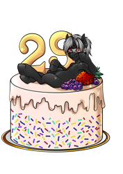 Size: 2894x4093 | Tagged: safe, artist:leastways, imported from derpibooru, oc, oc only, oc:pustka, unicorn, birthday, blindfold, blueberry, cake, food, simple background, solo, strawberry, transparent background