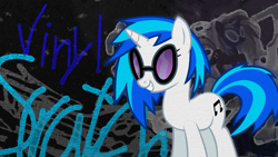 Size: 1920x1080 | Tagged: safe, artist:chadbeats, artist:ikillyou121, edit, imported from derpibooru, dj pon-3, vinyl scratch, pony, unicorn, abstract background, female, mare, name, smiling, solo, sunglasses, wallpaper, wallpaper edit, writing