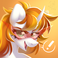 Size: 1370x1370 | Tagged: safe, artist:rtootb, imported from derpibooru, oc, oc only, pony, unicorn, brown mane, comic, commission, cute, digital art, ears up, female, glasses, green eyes, happy, icon, long hair, looking at you, mare, open mouth, open smile, orange background, orange mane, portrait, simple background, smiling, smiling at you, soft shading, solo, tengen toppa gurren lagann, white fur