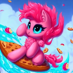Size: 1024x1024 | Tagged: safe, imported from derpibooru, pinkie pie, ai content, ai generated, food, pizza, surfing