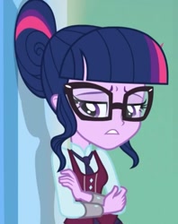 Size: 827x1043 | Tagged: safe, imported from derpibooru, screencap, twilight sparkle, human, equestria girls, clothes, crystal prep academy uniform, sad, school uniform