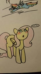 Size: 747x1328 | Tagged: safe, artist:fluttersdoodles, imported from derpibooru, part of a set, fluttershy, rainbow dash, ..., female, flutterdash, lesbian, part of a series, pencil drawing, shipping, smiling, sparkly eyes, traditional art, wingding eyes