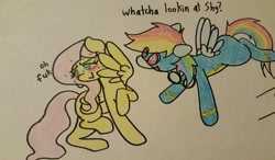 Size: 1280x746 | Tagged: safe, artist:fluttersdoodles, imported from derpibooru, part of a set, fluttershy, rainbow dash, dialogue, female, flutterdash, lesbian, part of a series, pencil drawing, shipping, smiling, sparkly eyes, swearing, swearyshy, traditional art, vulgar, wingding eyes