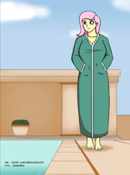 Size: 2236x3006 | Tagged: safe, artist:sandypeacebringer, imported from derpibooru, fluttershy, human, equestria girls, bathrobe, clothes, cloud, feet, female, high res, outdoors, robe, sky, smiling, solo, swimming pool, water