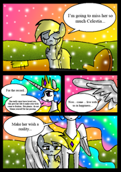 Size: 557x792 | Tagged: safe, artist:neoncabaret, imported from derpibooru, derpy hooves, princess celestia, oc, oc:mel, alicorn, human, pegasus, pony, comic:derpy's wish, comic, crying, hug, jewelry, regalia, snow, snowfall, winghug, wings