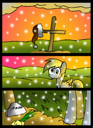 Size: 580x792 | Tagged: safe, artist:neoncabaret, imported from derpibooru, derpy hooves, oc, oc:mel, pegasus, pony, comic:derpy's wish, comic, grave, snow, snowfall, tomb