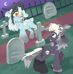 Size: 2193x2233 | Tagged: safe, artist:funnyhat12, imported from derpibooru, oc, oc only, deer, deer pony, earth pony, original species, pony, undead, zombie, zombie pony, clothes, countershading, duo, fence, gravestone, graveyard, looking at each other, looking at someone, moon, night, socks