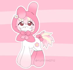 Size: 1571x1502 | Tagged: safe, artist:funnyhat12, imported from derpibooru, oc, oc only, earth pony, pony, adoptable, bow, cape, clothes, costume, gradient background, my melody, socks, solo, tail, tail bow