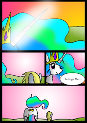 Size: 565x792 | Tagged: safe, artist:neoncabaret, imported from derpibooru, derpy hooves, princess celestia, oc, oc:mel, alicorn, pegasus, pony, comic:derpy's wish, comic, jewelry, magic, regalia