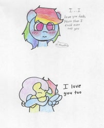 Size: 500x619 | Tagged: safe, artist:fluttersdoodles, imported from derpibooru, fluttershy, rainbow dash, female, flutterdash, lesbian, pencil drawing, shipping, traditional art