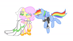 Size: 1280x720 | Tagged: safe, artist:fluttersdoodles, imported from derpibooru, fluttershy, rainbow dash, braid, clothes, dress, female, floating, flutterdash, imminent wedding, lesbian, looking at each other, looking at someone, raised hoof, shipping, tailcoat, wedding dress