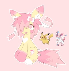 Size: 1433x1488 | Tagged: safe, artist:funnyhat12, imported from derpibooru, oc, oc only, earth pony, pikachu, pony, sylveon, adoptable, pokémon, trio