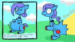 Size: 1280x720 | Tagged: safe, artist:eternaljonathan, imported from derpibooru, oc, oc only, pony, collar, comic, digital art, explosion, explosive fart, fart, female, solo, sweat