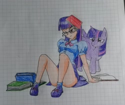 Size: 2176x1836 | Tagged: safe, artist:jackudoggy, imported from derpibooru, twilight sparkle, alicorn, human, pony, equestria girls, book, clothes, female, glasses, humanized, mare, one eye closed, schrödinger's pantsu, self paradox, self ponidox, shoes, skirt, twilight sparkle (alicorn), upskirt