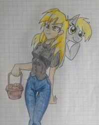 Size: 1820x2287 | Tagged: safe, artist:jackudoggy, imported from derpibooru, derpy hooves, human, pegasus, pony, equestria girls, basket, clothes, denim, female, food, humanized, jeans, mare, muffin, pants, self paradox, self ponidox, shirt