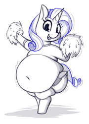 Size: 644x893 | Tagged: safe, artist:andesblorps, imported from derpibooru, rarity, pony, unicorn, belly, belly button, big belly, bipedal, cheerleader, cheerleader outfit, clothes, fat, female, partial color, raritubby, solo