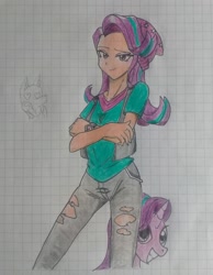 Size: 1836x2370 | Tagged: safe, artist:jackudoggy, imported from derpibooru, starlight glimmer, dog, human, pony, unicorn, equestria girls, clothes, denim, female, hat, heart, heart eyes, humanized, jeans, looking at you, mare, pants, ripped jeans, ripped pants, self paradox, self ponidox, smiling, torn clothes, wingding eyes