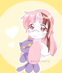 Size: 1006x1186 | Tagged: safe, artist:funnyhat12, imported from derpibooru, oc, oc only, oc:strawberry smoothie (funnyhat12), pony, unicorn, bust, gradient background, plushie, portrait, solo