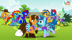 Size: 3840x2160 | Tagged: safe, artist:ejlightning007arts, imported from derpibooru, oc, oc:ej, oc:firey ratchet, oc:flare spark, oc:gregory griffin, oc:shield wing, oc:stephen (stephen-fisher), oc:train track, alicorn, griffon, pegasus, pony, unicorn, alicorn oc, canon x oc, cheerleader, cheerleader outfit, clothes, coat markings, colored wings, crossdressing, cute, ejmisty, embarrassed, fedora, female, field, g5, griffon oc, hat, horn, male, mare, misty brightdawn, multicolored hair, smiling, socks (coat markings), stallion, the fire lightning squad, unshorn fetlocks, wings