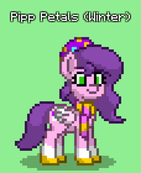 Size: 684x840 | Tagged: safe, imported from derpibooru, pipp petals, pegasus, pony, pony town, spoiler:g5, spoiler:winter wishday, clothes, g5, green background, hat, my little pony: make your mark, my little pony: make your mark chapter 3, scarf, simple background, solo, winter wishday