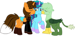 Size: 9986x4831 | Tagged: safe, artist:ejlightning007arts, imported from derpibooru, oc, oc:ej, oc:gregory griffin, alicorn, fox, fox pony, griffon, hybrid, pony, unicorn, alicorn oc, butt, canon x oc, cheek kiss, clothes, coat markings, cute, ejmisty, ejmistygory, eyes closed, fake cutie mark, freckles, g5, griffon oc, griffon x pony, horn, jacket, kiss sandwich, kissing, mistgory, misty brightdawn, mistybetes, plot, raised hoof, simple background, socks (coat markings), transparent background, vector, wings