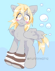 Size: 1103x1414 | Tagged: safe, artist:funnyhat12, imported from derpibooru, derpy hooves, pegasus, pony, clothes, gradient background, leg warmers, solo