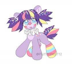 Size: 1607x1531 | Tagged: safe, artist:funnyhat12, imported from derpibooru, oc, oc only, earth pony, pony, adoptable, clothes, clown, clown makeup, clown nose, confetti, ear fluff, food, markings, signature, simple background, socks, solo, sprinkles, tongue out, white background