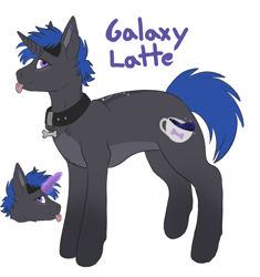 Size: 1390x1476 | Tagged: safe, artist:galaxylatte, imported from derpibooru, oc, oc only, oc:galaxylatte, pony, unicorn, bone, coffee, coffee mug, collar, countershading, dog tags, mug, original character do not steal, piercing, reference sheet, short hair, short tail, solo, tail, tongue out